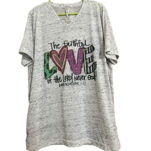 Women’s White Multi Biblical Passage Graphic Tee “LOVE” Lamentations 3:22 Sz-XL